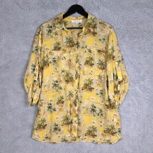 Rose + Olive Blouse Large Yellow Button‎ Up Palm Resort Boho Vacation Hawaiian